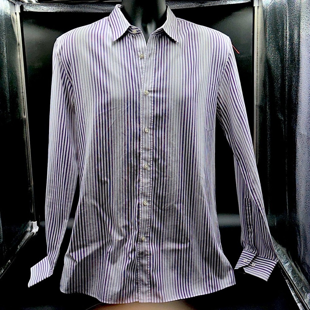 Hugo Boss Slim fit button down shirt. Size L. Mens. White/purple pinstripes.